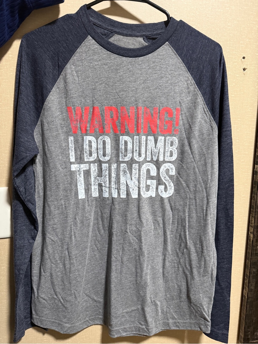 Source Unknown Raglan Long-Sleeve Tee - Grey with Navy Sleeves and Red Graphic